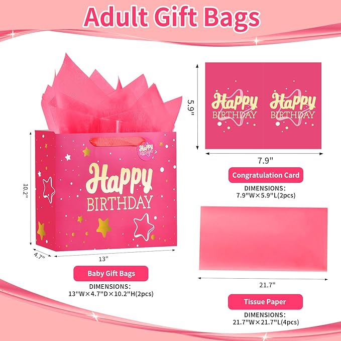 Powbrace 13" Pink Happy Birthday Gift Bag with Tissue Paper and Greeting Card for Party,Happy Birthday Gift Bag for Men Women,Gift Bags Medium size(2 PCS Pink Hot Stamping)