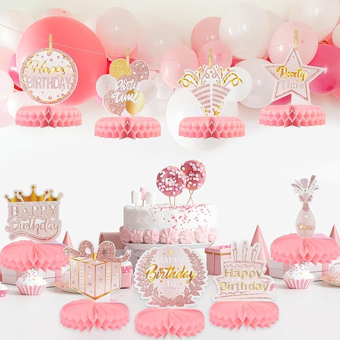 9PCS Birthday Table Decorations,Pink Rose Gold Honeycomb Center Pieces for Table Decorations,Happy Birthday Party Decor for Women Girl,Party Supplies for Birthday Baby Shower