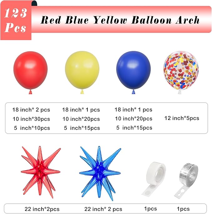 Red Blue Yellow Balloons Arch Garland Kit-Red Gold Blue Confetti Balloon 123Pcs for Birthday,Baby Shower,Graduation,Anniversary,Carnival Circus,Superhero Theme Party Decorations.