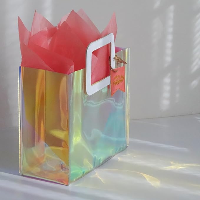 11'' Holographic Medium Birthday Gift Bag with Tissue Paper and Happy Birthday Gift Tag for Women Girls Mother (M- Glossy Coral)