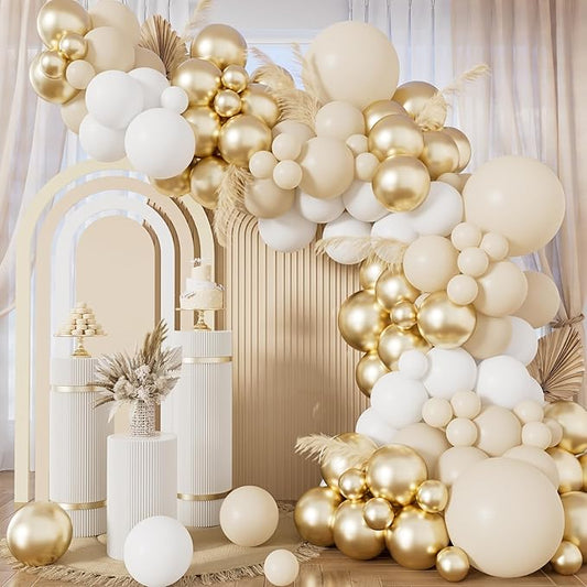 White Sand Gold Balloon Arch Garland Kit - 153Pcs Neutral Balloon Arch, White Beige Nude Balloons, Metallic Gold Latex Balloons for Birthday Baby Shower Baptism Wedding Boho Party Decorations