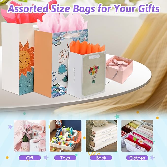 UOKHO Birthday Gift Bag with Handle and Tissue Paper, 8 Pcs Reusable Gift Bags Assorted Sizes and Designs, Large, Medium, Small Size Birthday Gift Bag for Kids, Women, Men -15“,13“, 9“