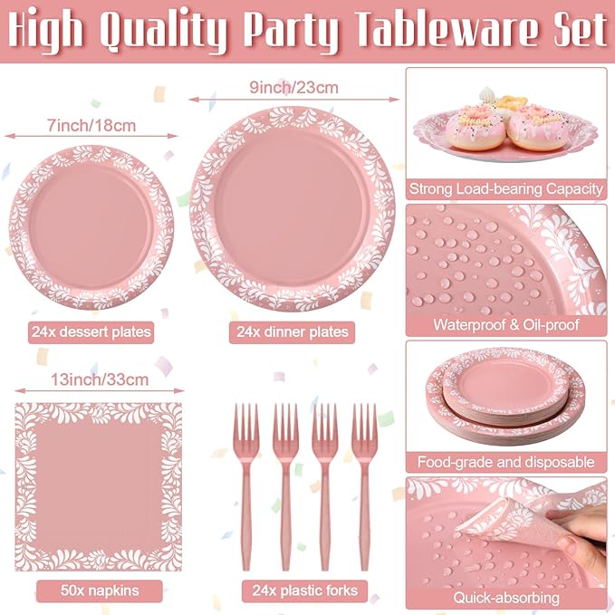 AmazingSpark 122 Pcs Light Pink Cielito Lindo Party Decoration Platos De Barro Mexicanos Fiesta Paper Plates Mexican Napkins Forks Tableware Set for Baby Shower Birthday Wedding Supplies, Serve 24