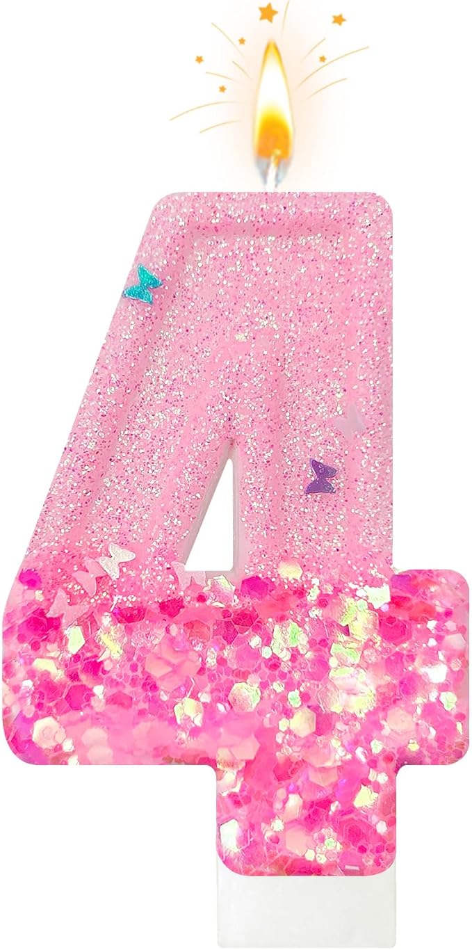 Pink Sequin Birthday Candles, Cake Number Candles, Girls 0th Birthday Decorations, Suitable for Birthday Parties, Anniversary Party Decorations(4)