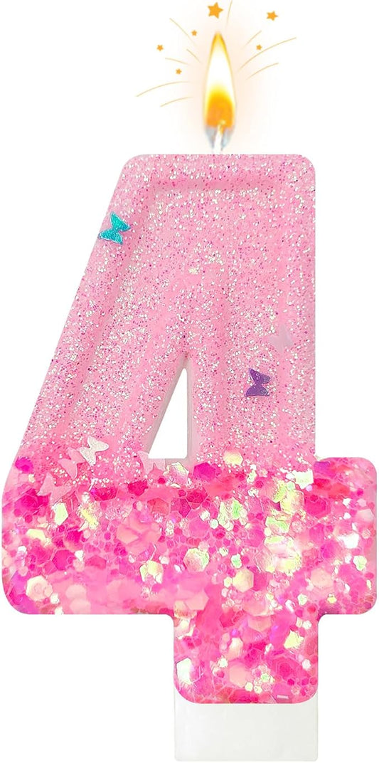 Pink Sequin Birthday Candles, Cake Number Candles, Girls 0th Birthday Decorations, Suitable for Birthday Parties, Anniversary Party Decorations(4)