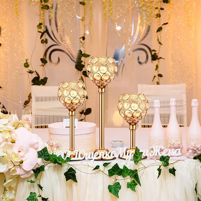 Mimorou 12 Pack Crystal Candle Holders Gold or Silver Candle Holders Bulk Tealight Candlestick Crystal Candelabras for Wedding Party Valentine Christmas Dining Table Centerpieces Decoration (Gold)