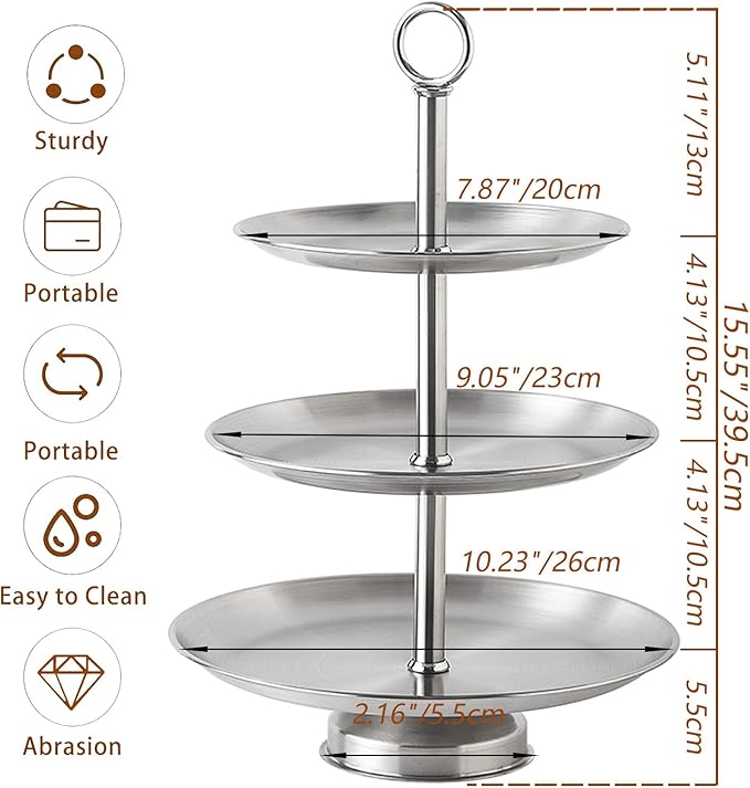 3 Tier Silver Metal Cupcake Stand Holder,Stainless Steel Cup Cake Stand Tower with Tiered Serving Tray and Base for Parties,Weddings,Birthdays and Any Festivals and Celebrations(with Base)