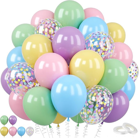 Pastel Balloons Set, 60PCS Macaron Light Pink Yellow Green Blue Purple Balloon, 12 Inch Colorful Confetti Balloons Rainbow Helium for Girls Easter Birthday Wedding Baby Shower Party Decorations