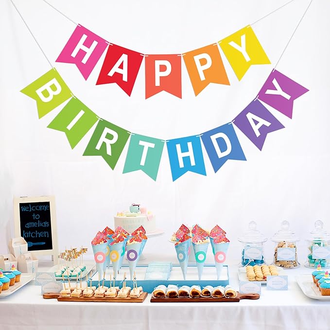 Happy Birthday Banner Birthday Party Banner NO DIY Happy Birthday Sign Pre-Strung Birthday Hanging Decoration for Women Girl Men Boy Party Supplies (Multicolor)