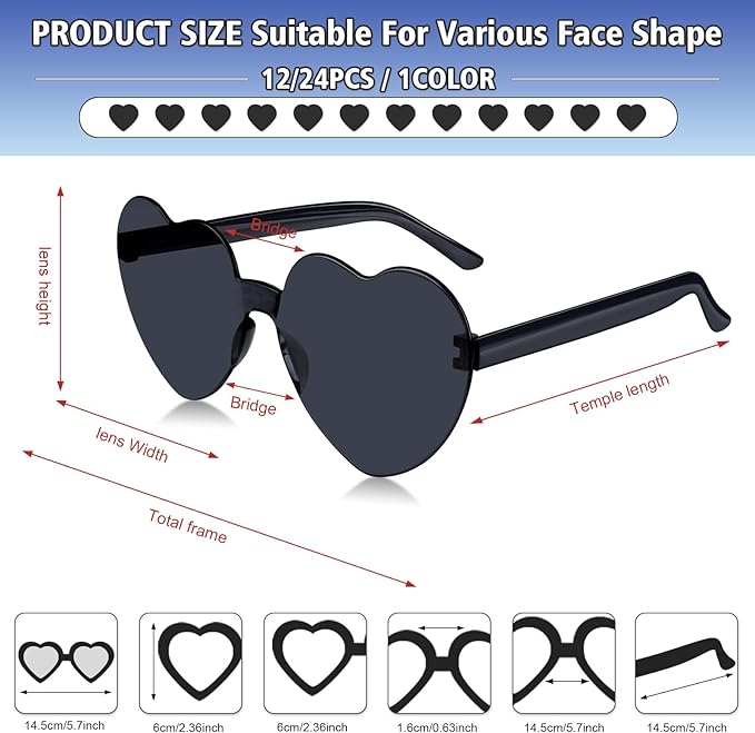 NACHLYNN 12 Pairs Black Rimless Heart Shaped Sunglasses for Women - Candy Heart Glasses for Party Favors