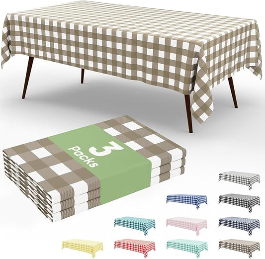 Smiry 3 Pack Khaki Gingham Disposable Tablecloths - 54" x 156" Heavy Duty Plastic Table Cloth, Waterproof Buffalo Plaid Table Covers for Picnic, Banquets, Outdoor Parties