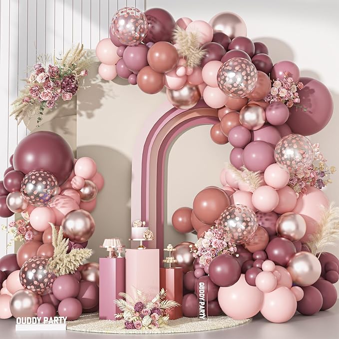 Ouddy Party Dusty Rose Pink Balloons Garland Arch Kit, Different Sizes 18 12 10 5 Inch Pink Mauve Retro Blush Purple Latex Confetti Balloons for Valentines Day Boho Birthday Wedding Party Decorations