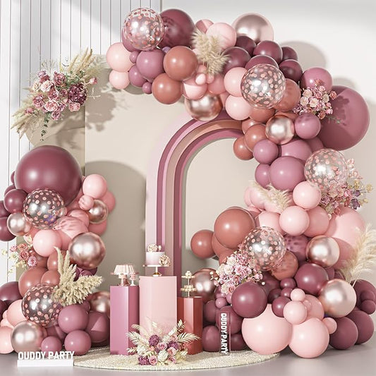 Ouddy Party Dusty Rose Pink Balloons Garland Arch Kit, Different Sizes 18 12 10 5 Inch Pink Mauve Retro Blush Purple Latex Confetti Balloons for Valentines Day Boho Birthday Wedding Party Decorations