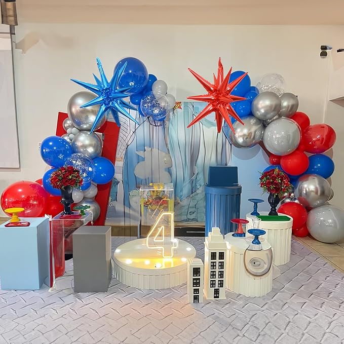 Red Blue Silver Balloon Arch Garland Kit, Memorial Day Patriotic 250th Anniversary USA Balloons 4D Ball Explosion Star Balloon for Independence Day Graduation 4th of July Baseball Birthday Party Decor