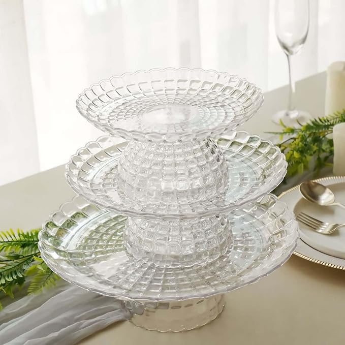 Efavormart Set of 3 | Clear Contemporary Pressed Plastic Stackable Cupcake Stands, Dessert Cake Pedestal Displays - 8", 10", 12"