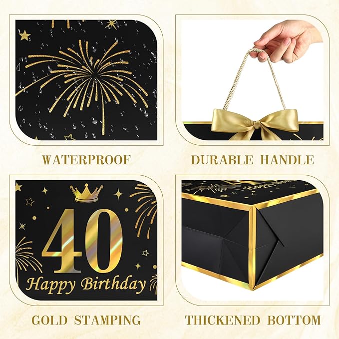 JMANNI Black Gold 40th Birthday Gift Bag with Card and Tissue Paper, 12.6"×9.84"×3.9" Elegant Present Bag for Adults, 40 Year Old Birthday Keepsake Party Supplies