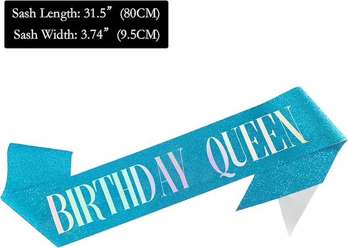 Birthday Queen Sash, Dazzle Foil Letter Glitter Teal Blue Birthday Sash for Women Girl 21st 30th 40th 50th 60th Gifts Funny Bday Gifts Party Favors Photo Prop