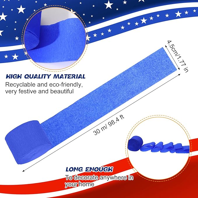 Sherr 24 Rolls Crepe Paper Streamers Hanging Party Decoration Holiday Streamers for Arty Decorations, Birthday Decorations, Wedding Decorations (Red, White, Blue,1.8 Inch x 98 Feet)