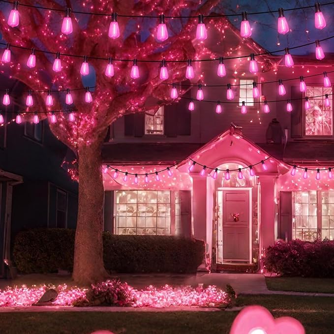 LAMPHOME 4-Pack 26Ft ST38 Outdoor String Lights, Pink LED Shatterproof Patio Lights with 12+1 Edison Bulbs for Valentine's Day, Christmas, Bistro, Wedding & Party Decor