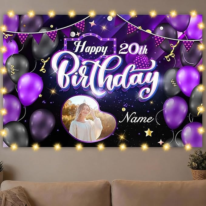 Custom Purple Happy Birthday Decorations Banner, Personalization Purple Happy Birthday Sign Birthday Party Supplies Photo Backdrop with Rose for Birthday Party Favor for Women Girl