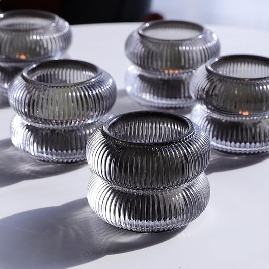 Woho Smoke Grey Votive Candle Holders Set of 6, Vintage Ribbed Tealight Candle Holder for Daily Home Decor, Classy Tea Light Candle Holder Glass for Living Room Table Decor(Grey, 2.1" H X 2.75" D)