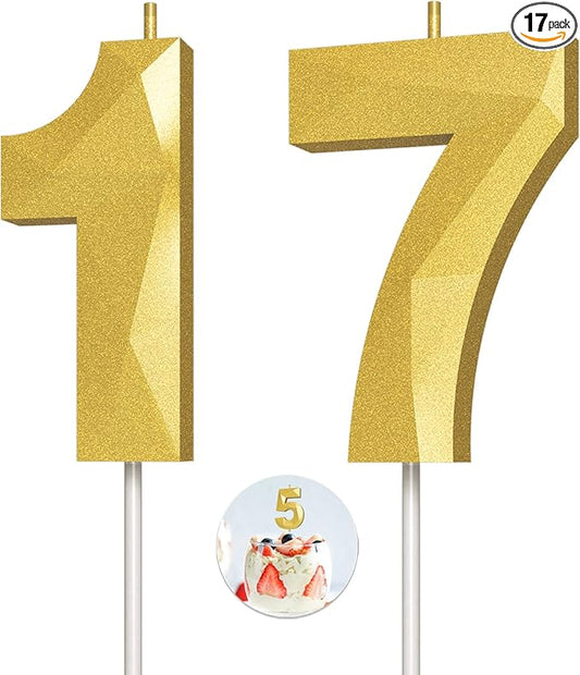 Number Birthday Candles(17 Candle Gold) 3D Diamond Shape Number Happy Birthday Cake Candles for Birthday Party Wedding Decoration Reunions Theme Party
