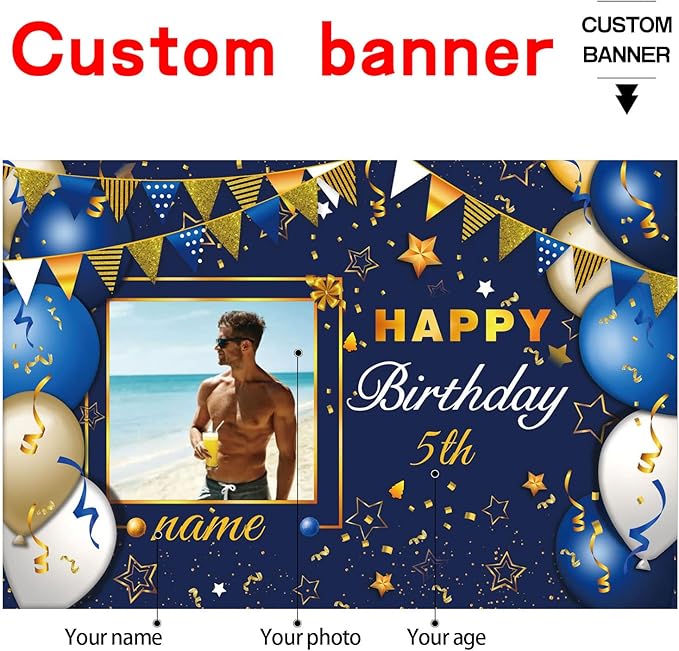 Custom Navy Blue and Gold Happy Birthday Sign Birthday Party Decorations Supplies Personalized Navy Blue Backdrop Banner (6x9ft)