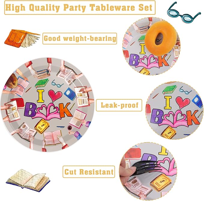 Wiooffen 96 Pcs Book Club Birthday Party Plates Napkins Tableware Set Back to School Party Supplies Disposable Dinnerware Books Decoration Favors for Library Reading Party Table Decor, 24 Guests
