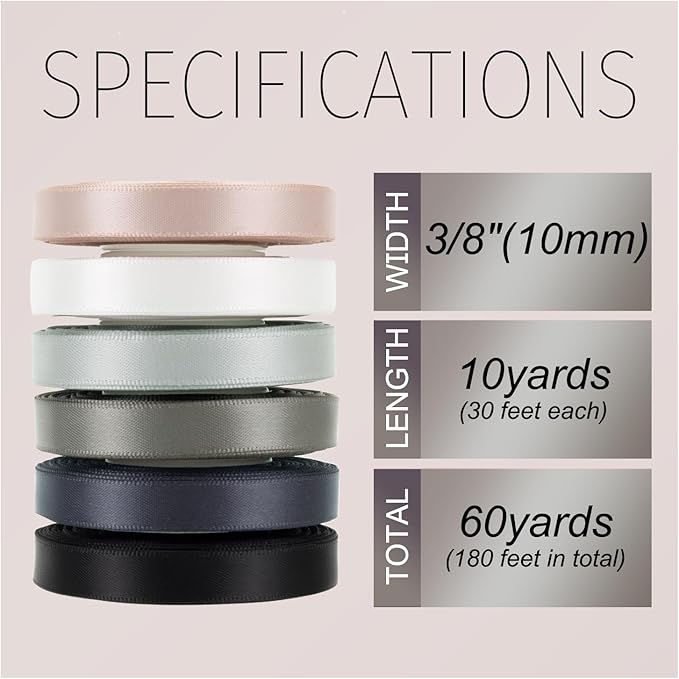 Black White Silver Grey Ribbon 3/8 Inch x 60Yds Assorted Neutral Double Faced Satin Ribbon for Flower Bouquet, Gift Wrapping, Wedding Invitation, Bridal Shower, Hair Bows, Gift Bags, Crafts