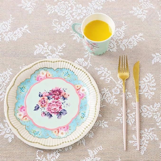 Talking Tables 50pcs Floral Tea Party Decorations for Mother's Day Decorations for 16 Guests, Disposable Tableware Set, Paper Plates, Teacups, Napkins & Bunting for Bridgerton Birthday Decor