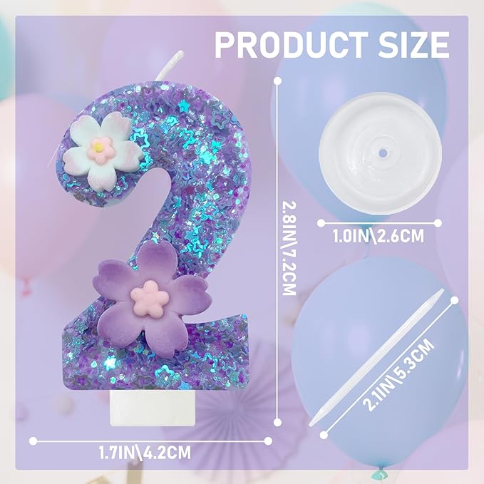 Purple Flower Birthday Candle,Number Birthday Candles for Cake, Ideal Birthday Parties Cake Decor, Wedding Anniversary and Other Celebrations (Number 2, Purple)