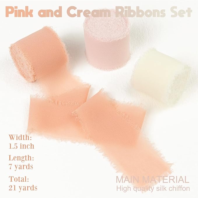 Peach Pink Chiffon Ribbon 1.5 Inch x 21Yds Handmade Fringe Chiffon Silk Ribbon Peach/Pink/Ivory Frayed Chiffon Ribbon for Wedding Invitation Flower Bouquets Gift Wrapping Bridal Shower Baby Shower