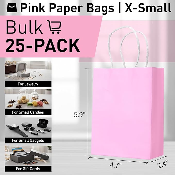 SUNCOLOR 25 Pieces 6 Inch Mini Goodie Bags Small Pink Gift Bags with Handles for Birthday Party Favors, Wedding Treat Bags
