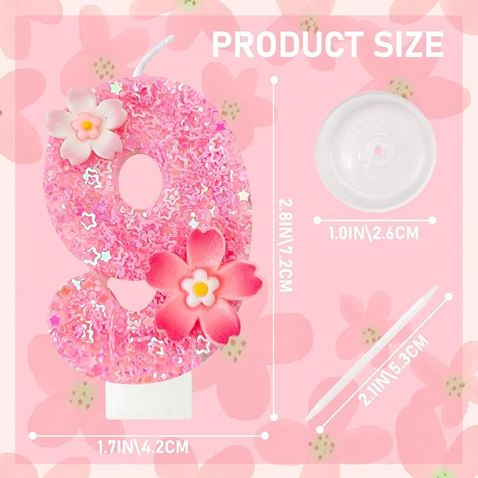 Pink Flower Birthday Candle,Number Birthday Candles for Cake, Ideal Birthday Parties Cake Decor, Wedding Anniversary and Other Celebrations (Number 9, Pink)
