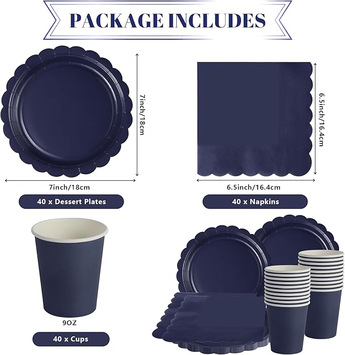 Navy Blue Scalloped Party Plates Set, 120-Piece Disposable Dinnerware for 40 Guests, 7-inch Decorative Edge Plates, Cups & Napkins for Corporate Event, Mens Birthday, BBQ