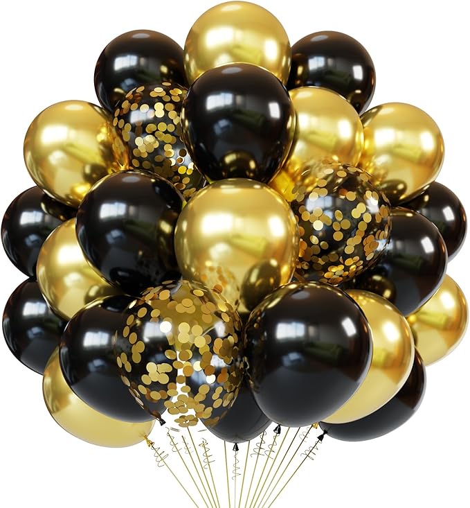 Black and gold Confetti Balloons, 60pcs 12 Inches Gold and Black Party Balloons with 1 Ribbon for Graduation Birthday Baby Shower Wedding Party Decorations