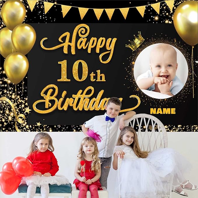 Custom Happy 10th Birthday Decorations Banner -10 Years Old Birthday Decorations Backdrop for Women Men Boys Girls - Personalization Happy 10th Birthday Party Decorations Supplies - Black and Gold