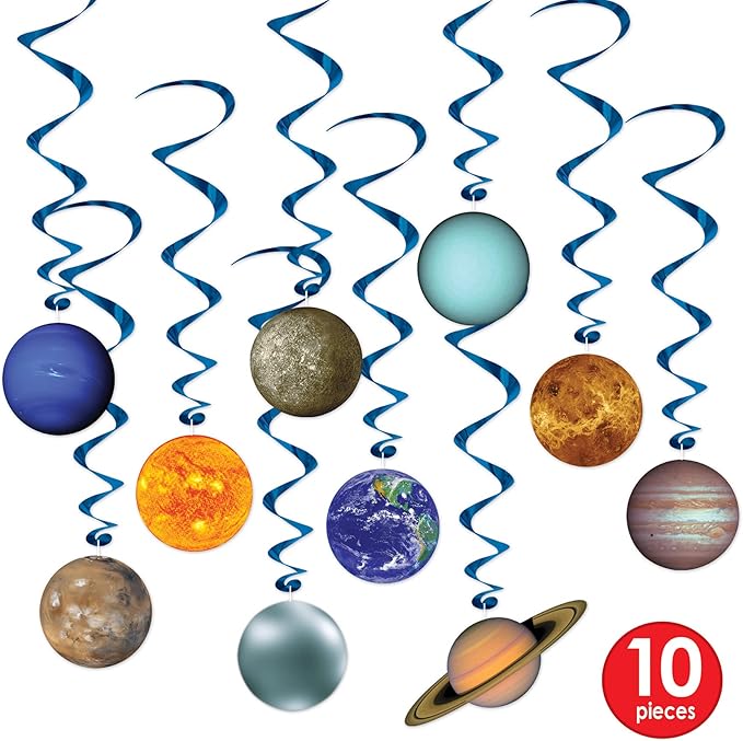 Beistle 10 Piece Solar System Whirls Outer Space Hanging Swirls Educational Classroom Planets Decorations, One Size fits Most, Multicolored