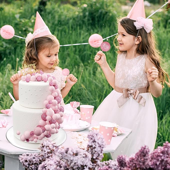 60Pcs Glitter Cake Balls Decorations Foam Cake Topper Balls Mini Balloon Cupcake Toppers for Cake Decorating Birthday Baby Shower Party (Glitter Pink)