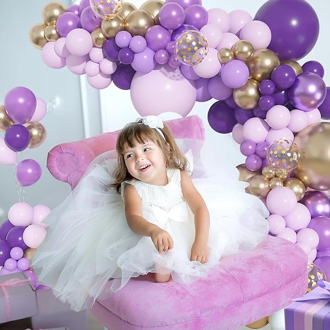 156Pcs Purple Balloon Garland Arch Kit, Butterfly Dark Purple Gold Lavender Metallic Light Pastel lilac Confetti Mother's Day Balloons, Girl Princess Butterfly Birthday Baby Shower Wedding Party
