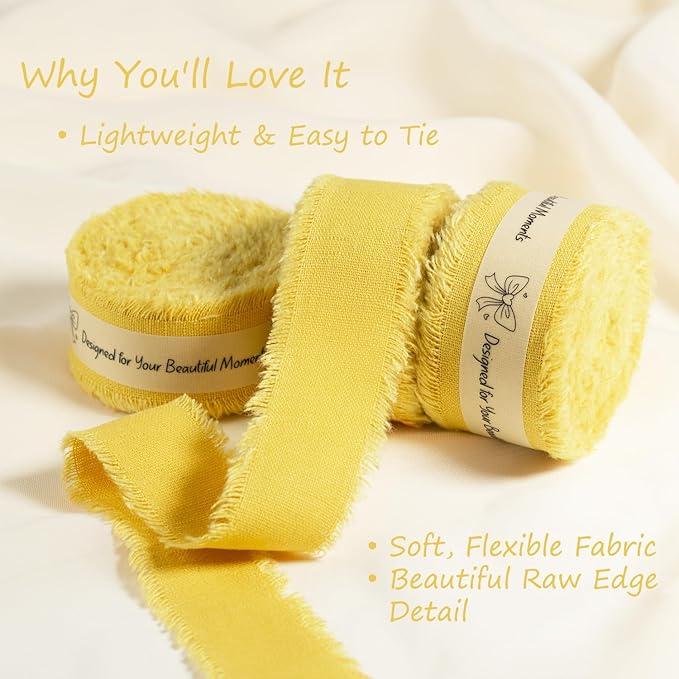 Yellow Cotton Ribbon 1 Inch Mustard Yellow 3 Rolls 21 Yards Frayed Edge Fabric Set for Wedding Decor, Bridal Bouquet Wrap, Baby Shower, Gift Wrapping & Fall Decor