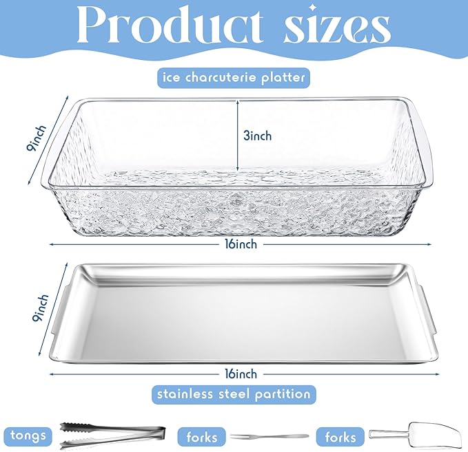 Baderke 2 Sets 16" x 9" Chilled Serving Tray for Parties with Compartments and Lid Charcuterie Serving Board Ice Rectangle Chilled Party Platter for Seafood Vegetable Fruit Shrimp Cocktail (Silver)