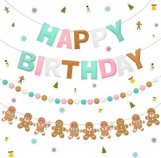 HunnmingRe 4 Pack Felt Gingerbread Christmas Birthday Party Decorations Pastel Happy Birthday Felt Banner Gingerbread Man Pom Poms Hanging Bunting Garland for Winter Christmas Baby Shower Decor
