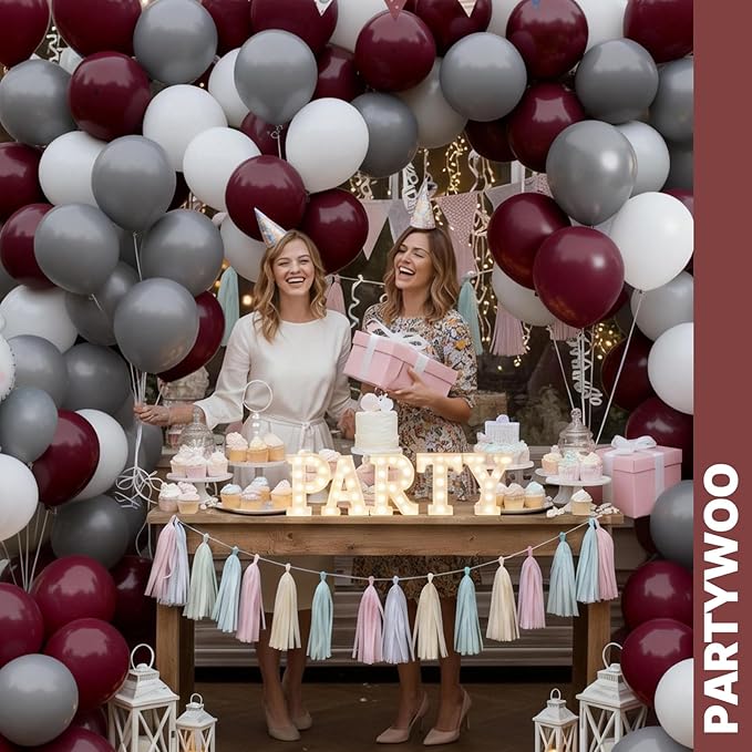 PartyWoo Burgundy White and Gray Balloons 66pcs 12 Inch Burgundy Maroon White Grey Balloons for Graduation Baby Shower Birthday New Year's Eve Anniversary Bachelorette Retirement Party Decorations