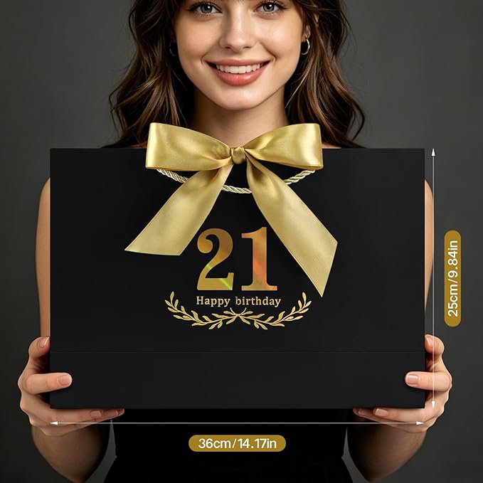 JMANNI Black Gold 21st Birthday Gift Bag with Card and Tissue Paper, 14.2"×9.84"×4.3" Large Present Bag for Adults, 21 Year Old Birthday Keepsake Party Supplies