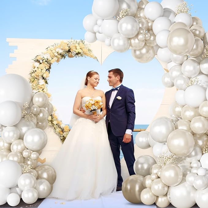 Ouddy Party Pearl White Balloon Garland Arch Kit, Different Sizes 18 12 10 5 Inch Double Stuffed Pearl Sand White Cream Ivory Latex Confetti Balloon for Wedding Bridal Shower Birthday Party Decoration