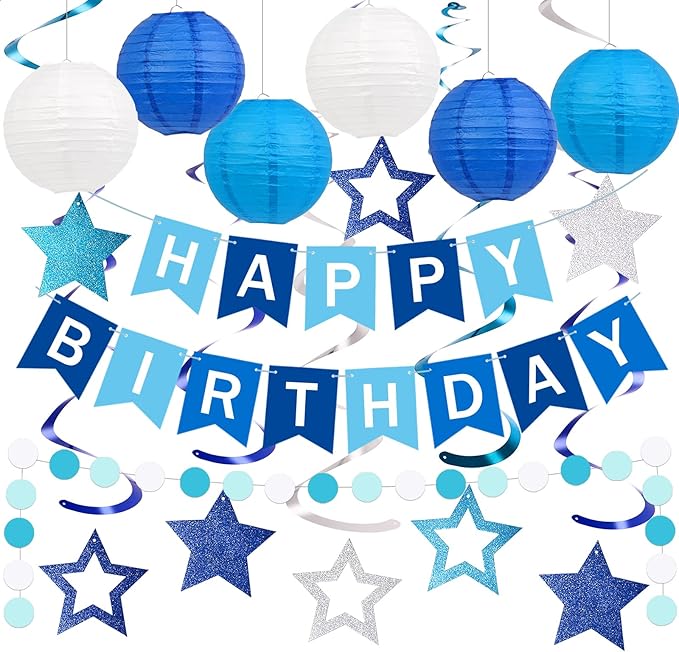 Happy Birthday Decorations, Blue Birthday Party Decorations Set with Happy Birthday Banner, Paper Lanterns, Star Swirl Hanging Decorations & Circle Dots Garland