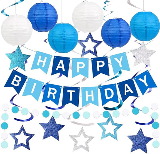 Happy Birthday Decorations, Blue Birthday Party Decorations Set with Happy Birthday Banner, Paper Lanterns, Star Swirl Hanging Decorations & Circle Dots Garland