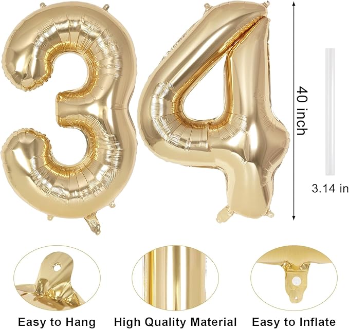 Champagne Large Number 34 Balloon, 40 Inch Light Gold Foil Helium Number Balloons, Giant Mylar Number 34 Balloons for 34 Years Old Birthday Party Anniversary Decorations (Champagne Gold 34)