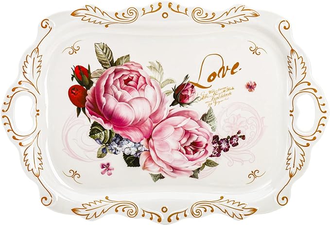 DEAYOU 3-Pack Melamine Serving Tray, Stackable Food Tray with Handles for Eating, Unbreakable Large Serving Platter with Floral Print for Gift, Party, Decor, Home, Restaurant, 16"L x 11"W, Rectangle